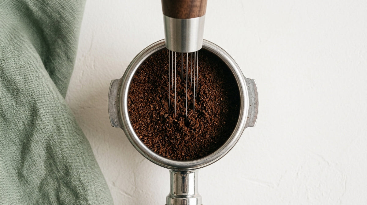 Top-down macro of a portafilter basket with WDT distribution needle inserted into freshly ground coffee