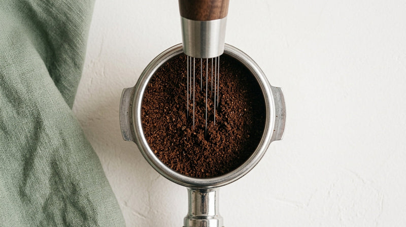 Top-down macro of a portafilter basket with WDT distribution needle inserted into freshly ground coffee