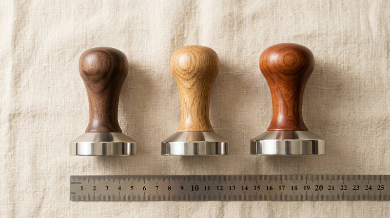 Three espresso tampers in 51mm, 53mm, and 58mm sizes lined up on cream linen for size comparison