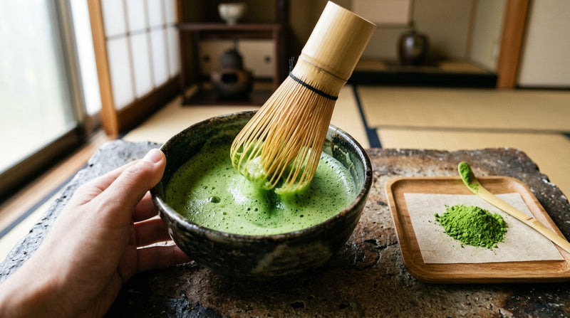 Traditional Japanese matcha bowl with bamboo chasen mid-whisk and rising foam on vibrant jade green matcha