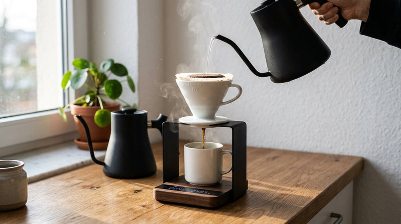 Minimalist morning kitchen counter with V60 dripper, gooseneck kettle, scale, and ceramic mug