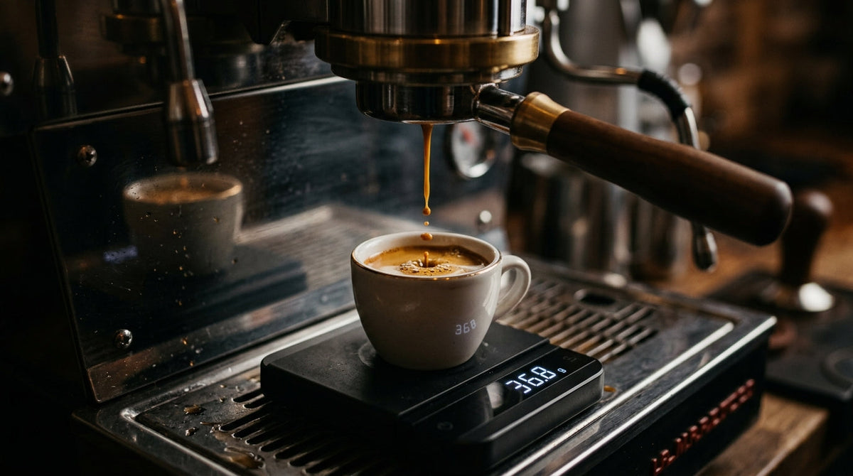 Macro close-up of a precision coffee scale measuring an espresso shot