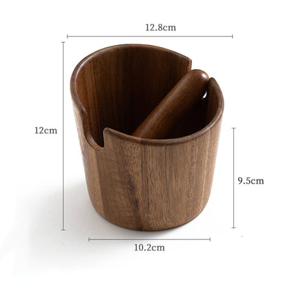 Acacia wood espresso knock box with removable wooden knock bar, dimensions 12.8cm mouth by 12cm tall