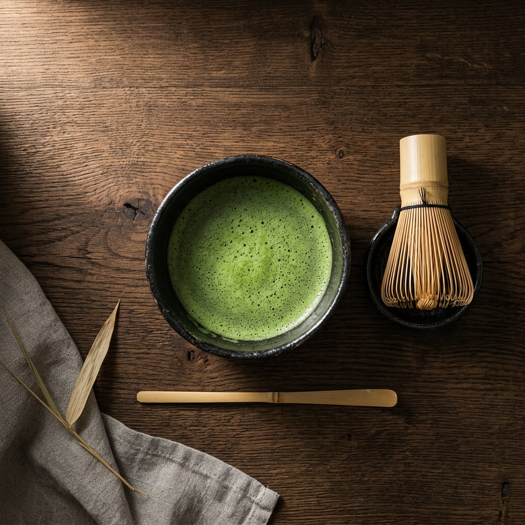 The Matcha Ritual Essentials flatlay — kiln-glazed matcha bowl, bamboo chasen, ceramic holder, and bamboo chashaku scoop