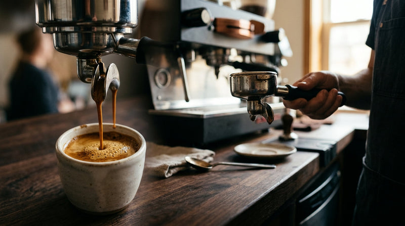 Slow-motion espresso pour from a portafilter capturing crema and amber tones