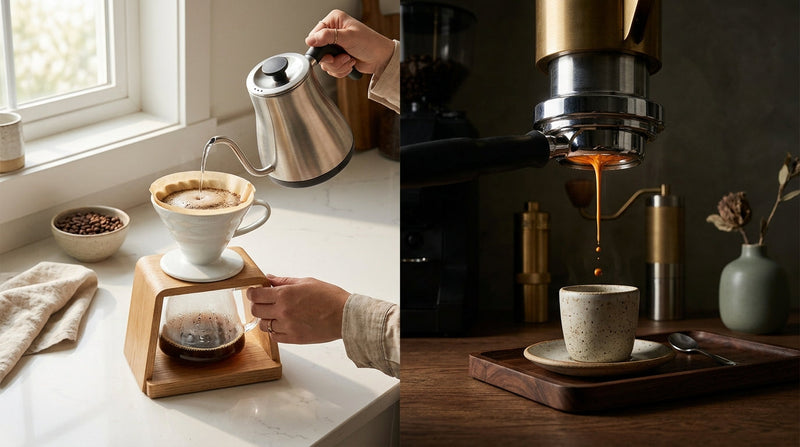 Split editorial composition contrasting pour over brewing on the left with espresso extraction on the right