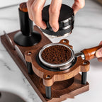 Walnut espresso tamping station with portafilter holder, universal 51/53/58mm fit