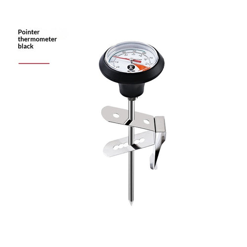 Clip-on coffee thermometer reading temperature on a milk pitcher
