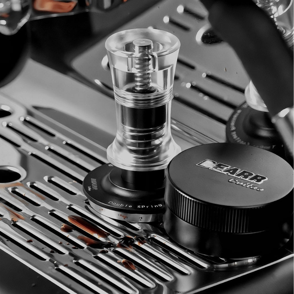 Acrylic Constant-Pressure Espresso Tamper — clear body reveals the dual spring rails