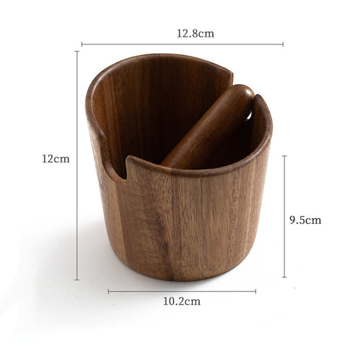 Acacia wood espresso knock box with removable wooden knock bar, dimensions 12.8cm mouth by 12cm tall