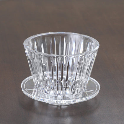 TrueShih Acrylic Pour-Over Cup — clear faceted acrylic coffee dripper with drip stand