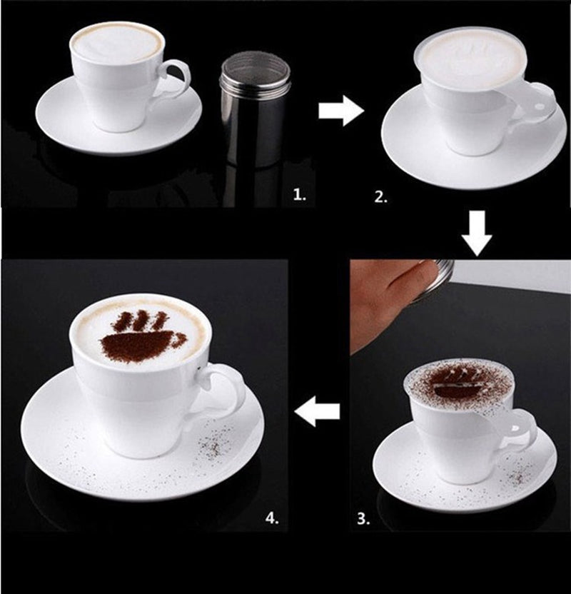 Latte art stencils in use over foam