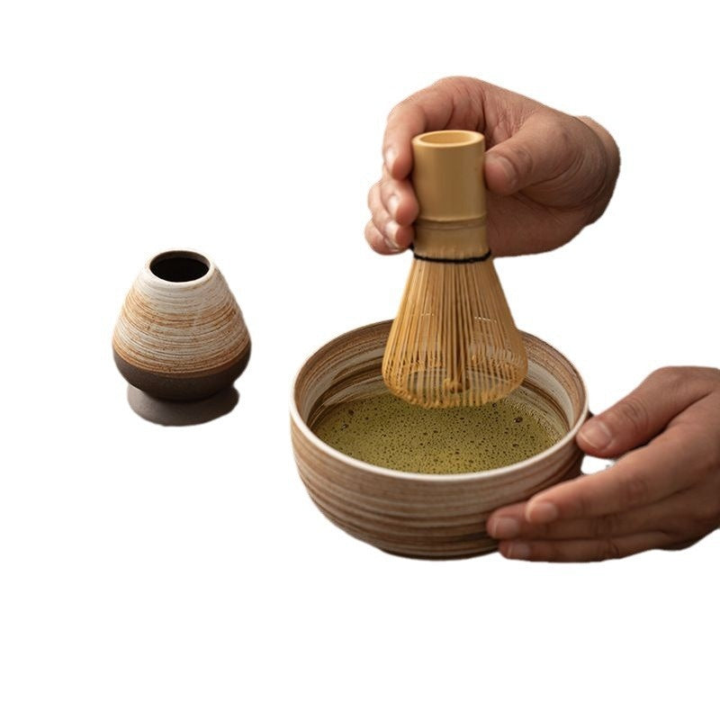 TrueShih The Matcha Ritual Essentials — kiln-glazed ceramic chawan, 100-prong bamboo chasen, ceramic whisk holder and chashaku scoop on white