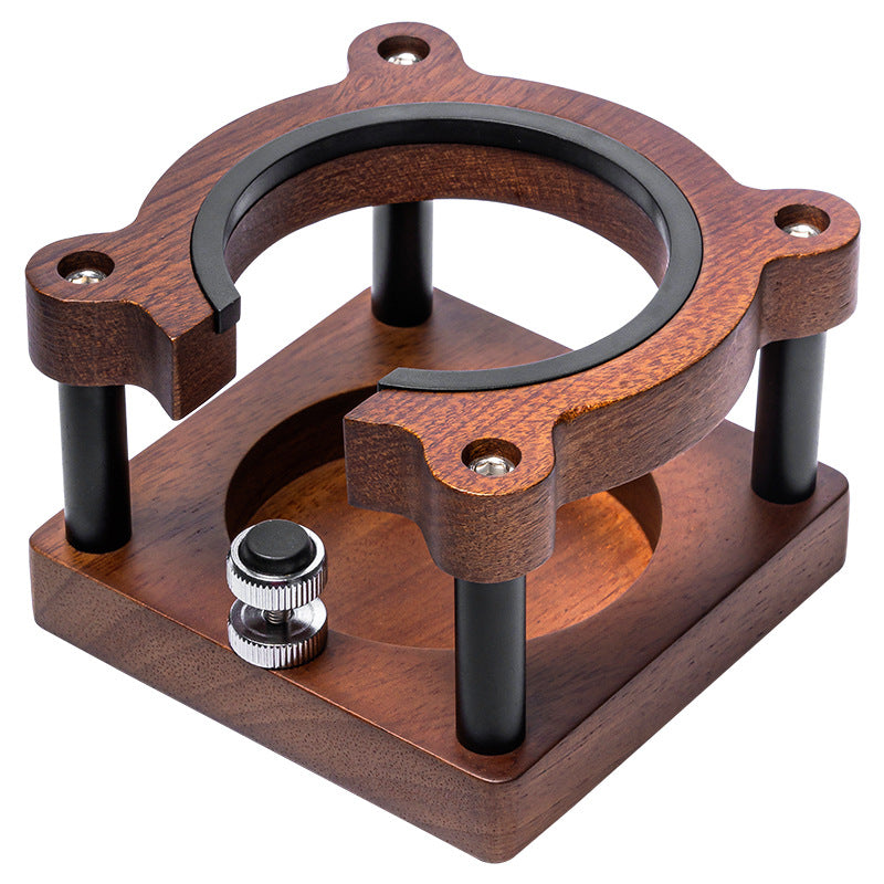 Close-up of the walnut tamping station base and anti-slip tamping surface