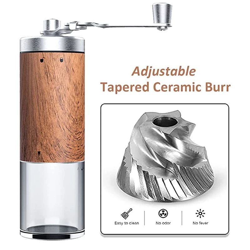 Ceramic Burr Manual Grinder — internal ceramic burr detail, food-grade stainless steel construction