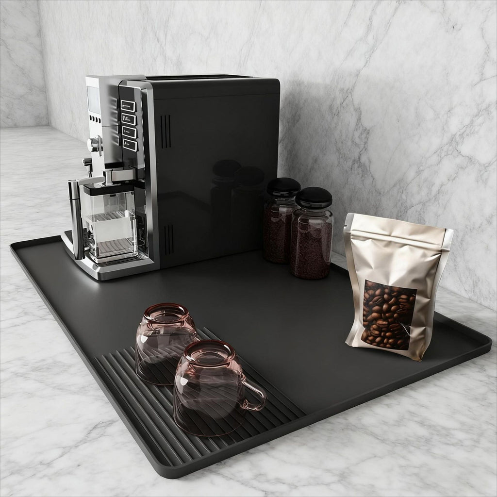 TrueShih Silicone Barista Mat with espresso tools on a tidy coffee counter