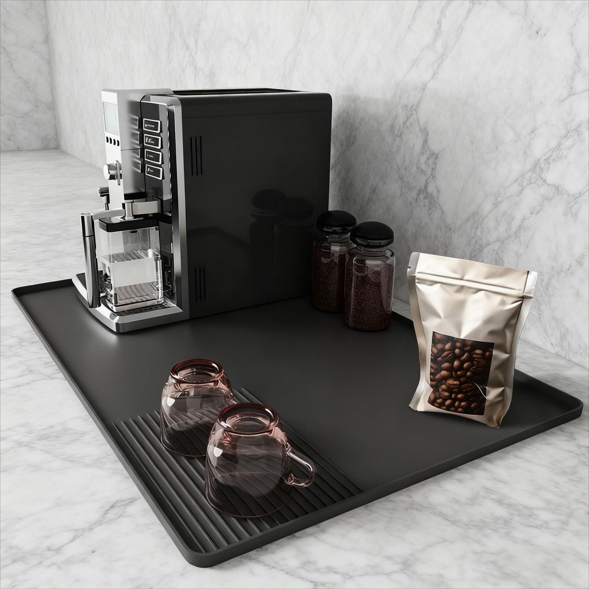 TrueShih Silicone Barista Mat with espresso tools on a tidy coffee counter