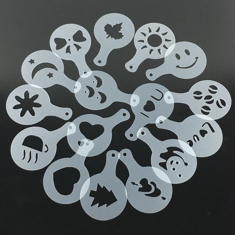 Latte art stencil set laid out — hearts, leaves, stars