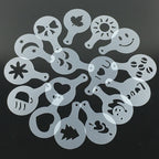 Latte art stencil set laid out — hearts, leaves, stars
