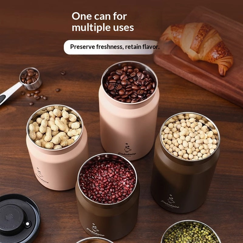 Beige light-proof vacuum coffee canister with push-button sealing lid