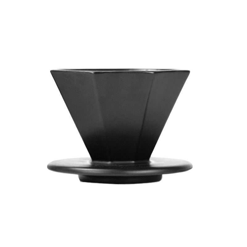 Matte black octagonal ceramic pour-over dripper with integrated saucer stand