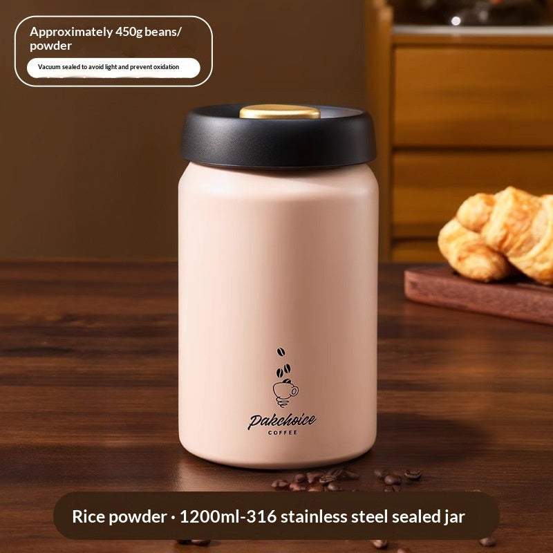Beige vacuum coffee canister filled with fresh roasted beans