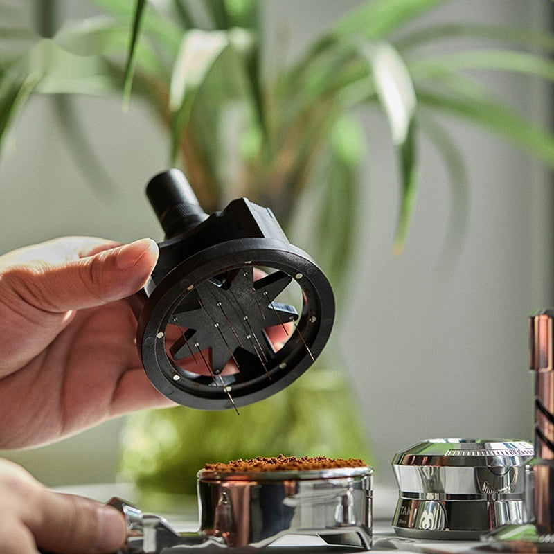 TrueShih Vertical Needle Distributor — needle bed and threaded adjustable post, espresso puck prep