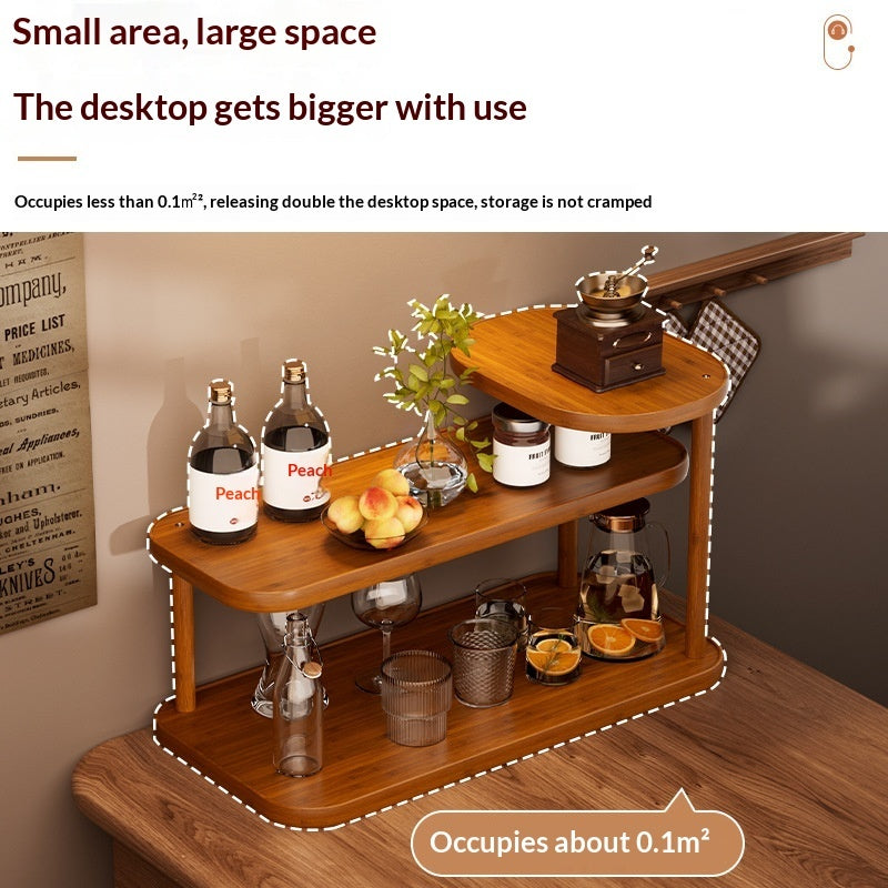 Open tiers of the countertop shelf seen from the side