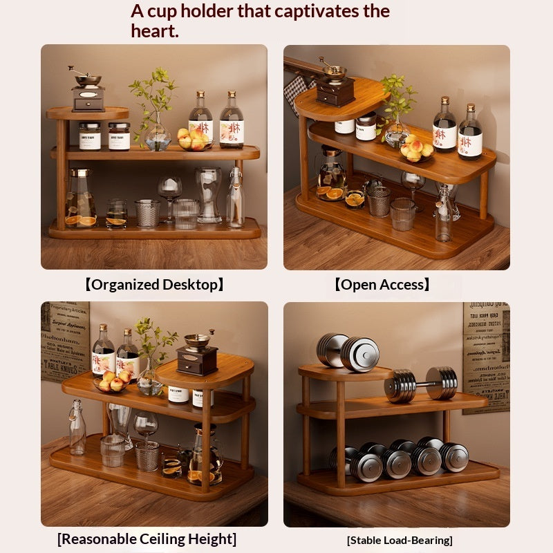 Warm wood-tone three-tier shelf styled as a home coffee corner