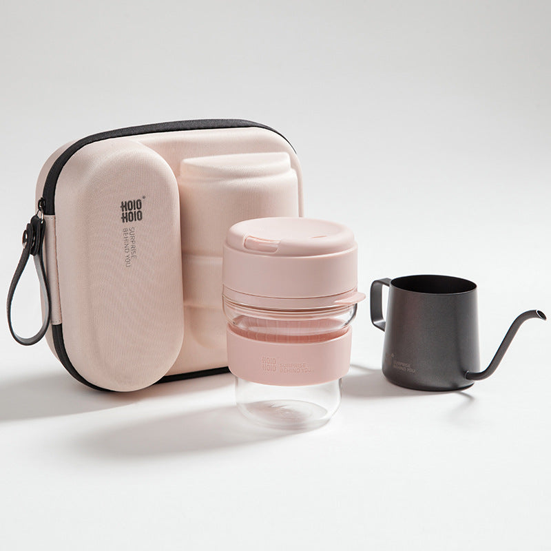 TrueShih Travel Pour-Over Coffee Gift Set — 300ml glass cup, mini pouring kettle, and storage bag