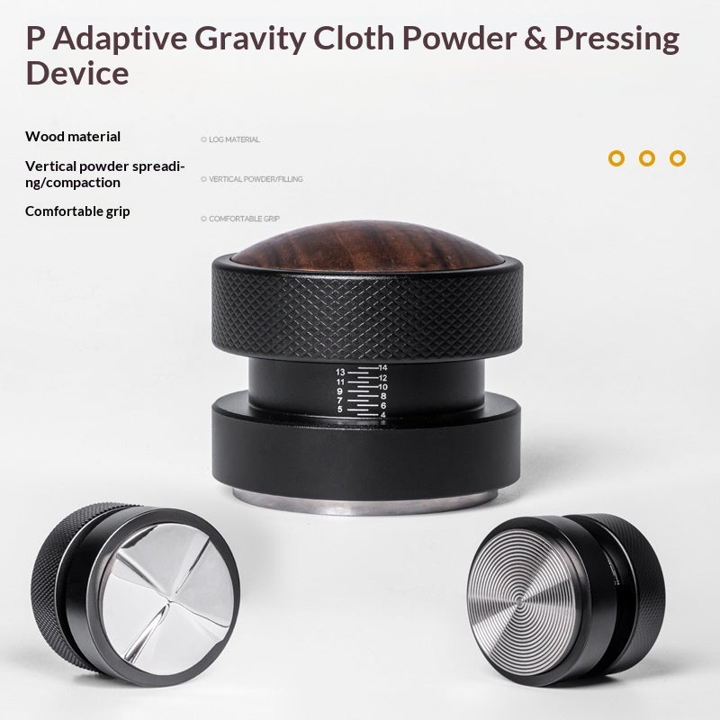 Self-Leveling Tamper — solid wood handle with carbon fiber texture grip, 304 stainless steel base