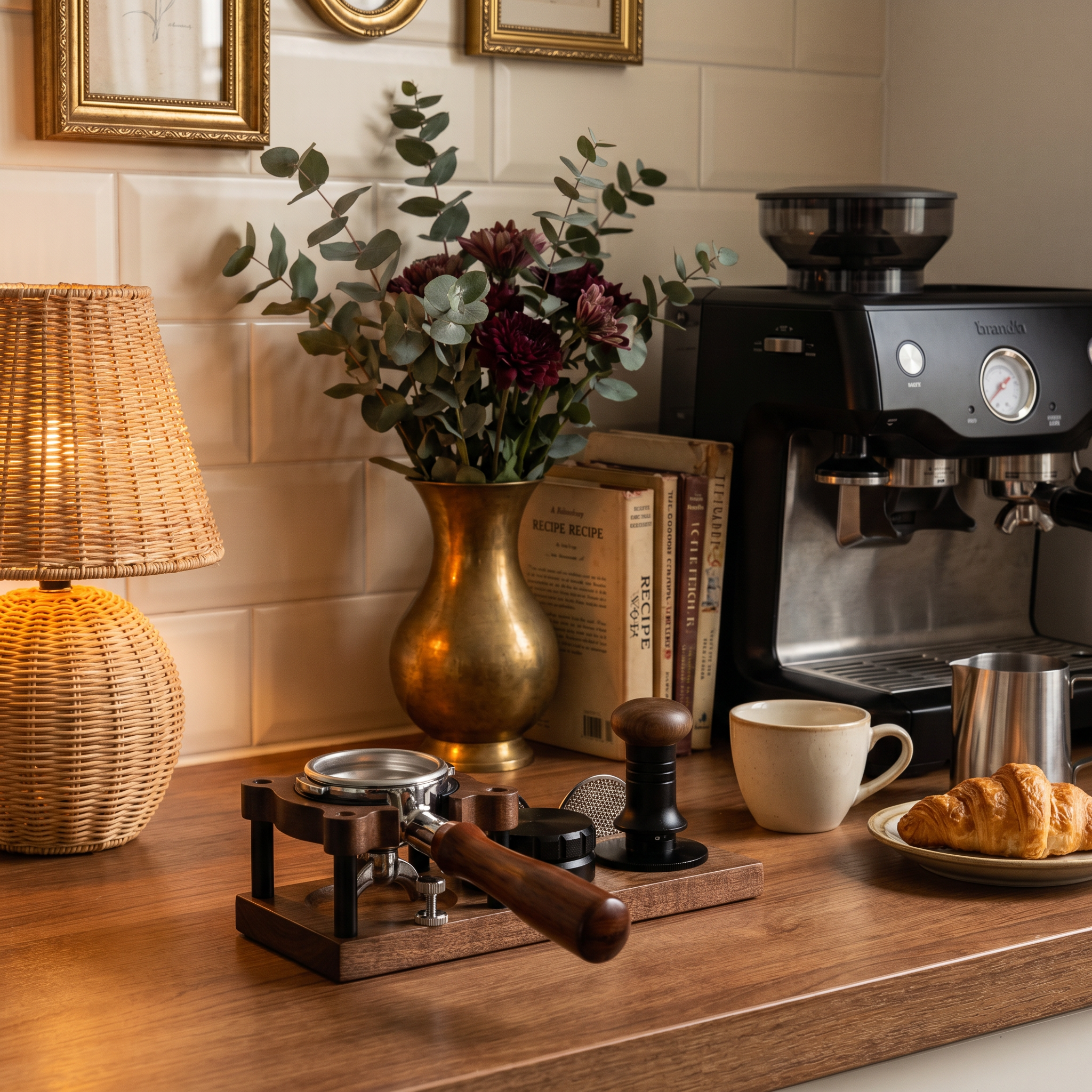 Walnut Tamping Station on a home coffee bar — espresso corner with portafilter, tamper and puck screen on a warm wood counter
