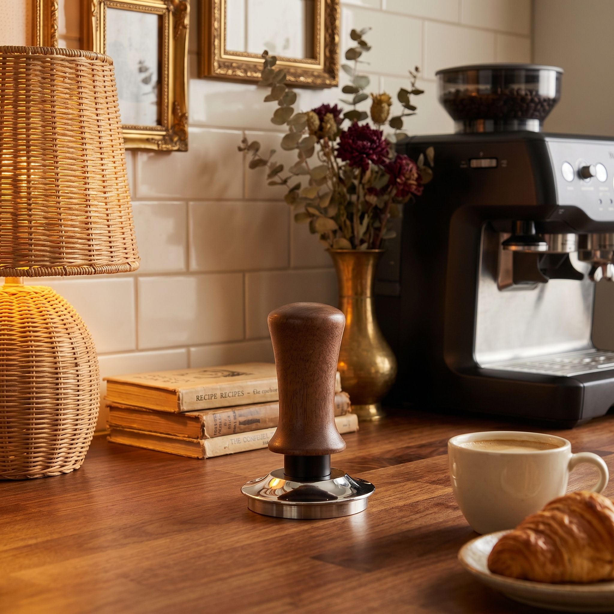 Walnut Calibrated Espresso Tamper on a home coffee bar — warm walnut handle and stainless base on a cozy espresso corner counter
