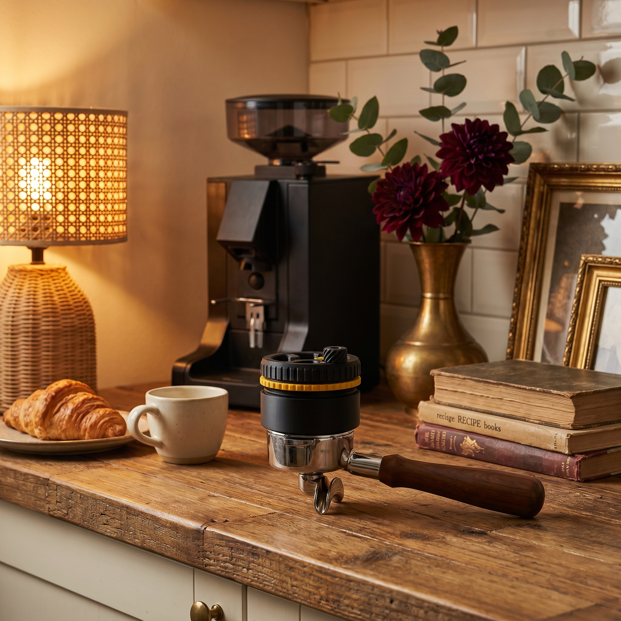 Black and gold planetary espresso distributor on a cozy home coffee bar counter