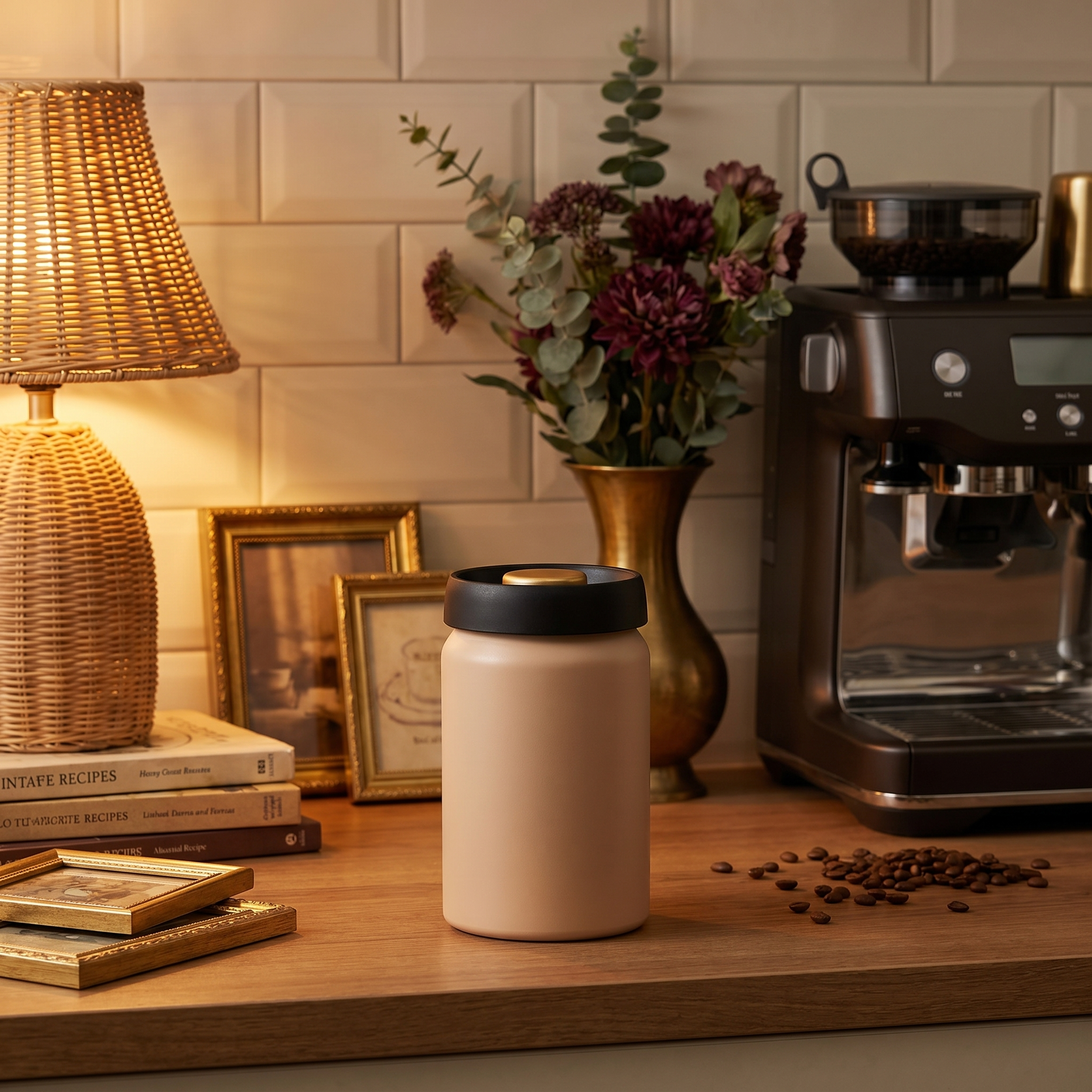 Matte stainless vacuum coffee canister on a cozy home coffee bar counter