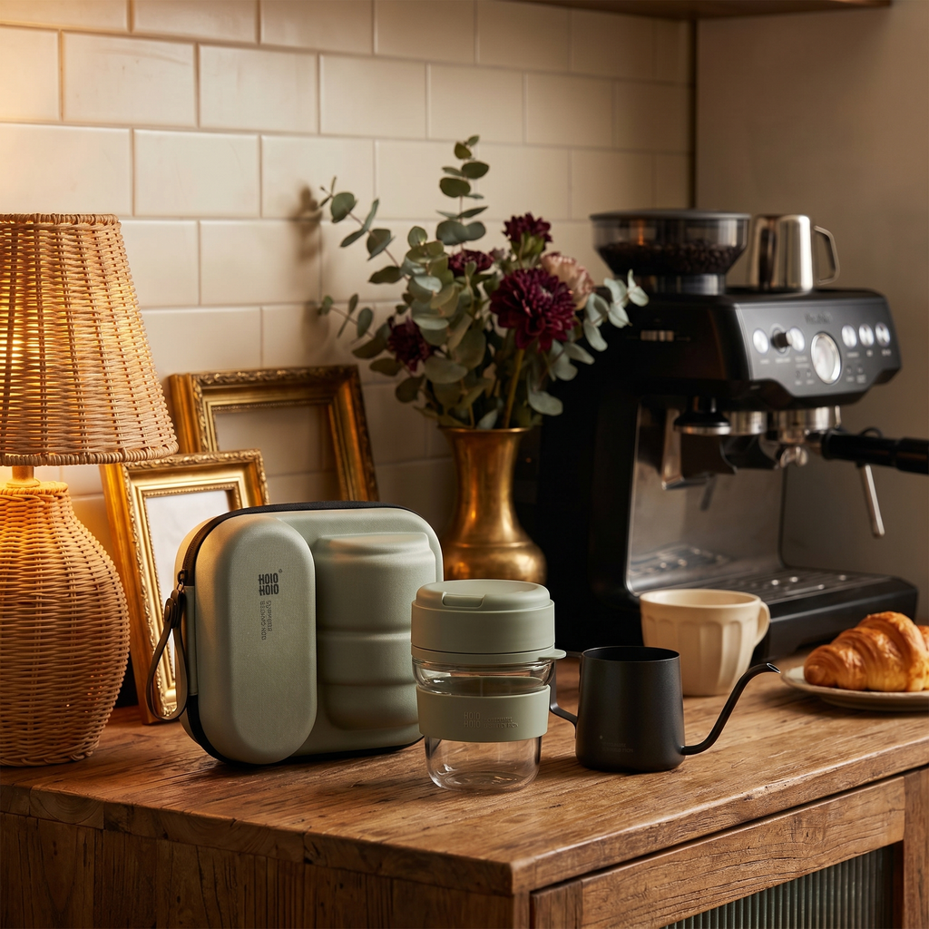 Travel pour-over coffee set with glass cup and kettle on a cozy home coffee bar counter