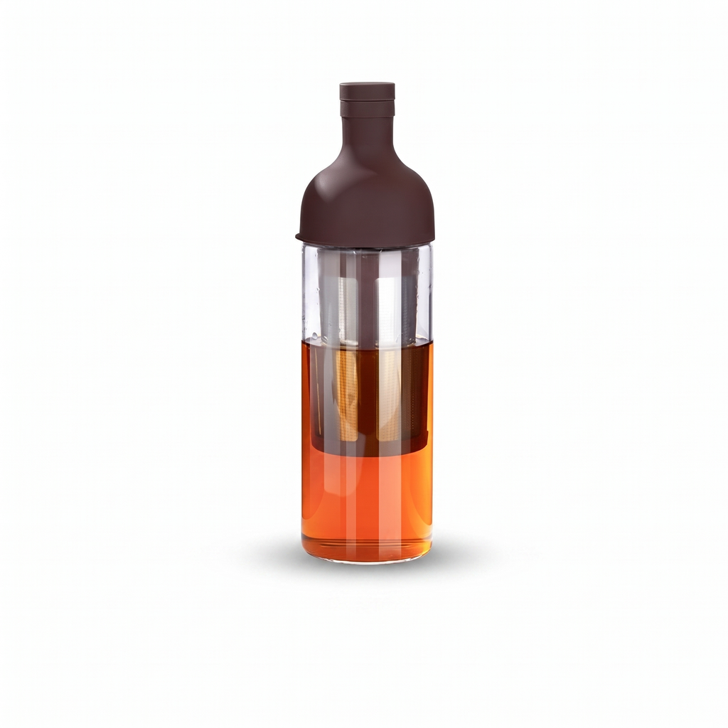 TrueShih Slow Steep Cold Brew Bottle — clear travel bottle with built-in filter and cold brew, on white