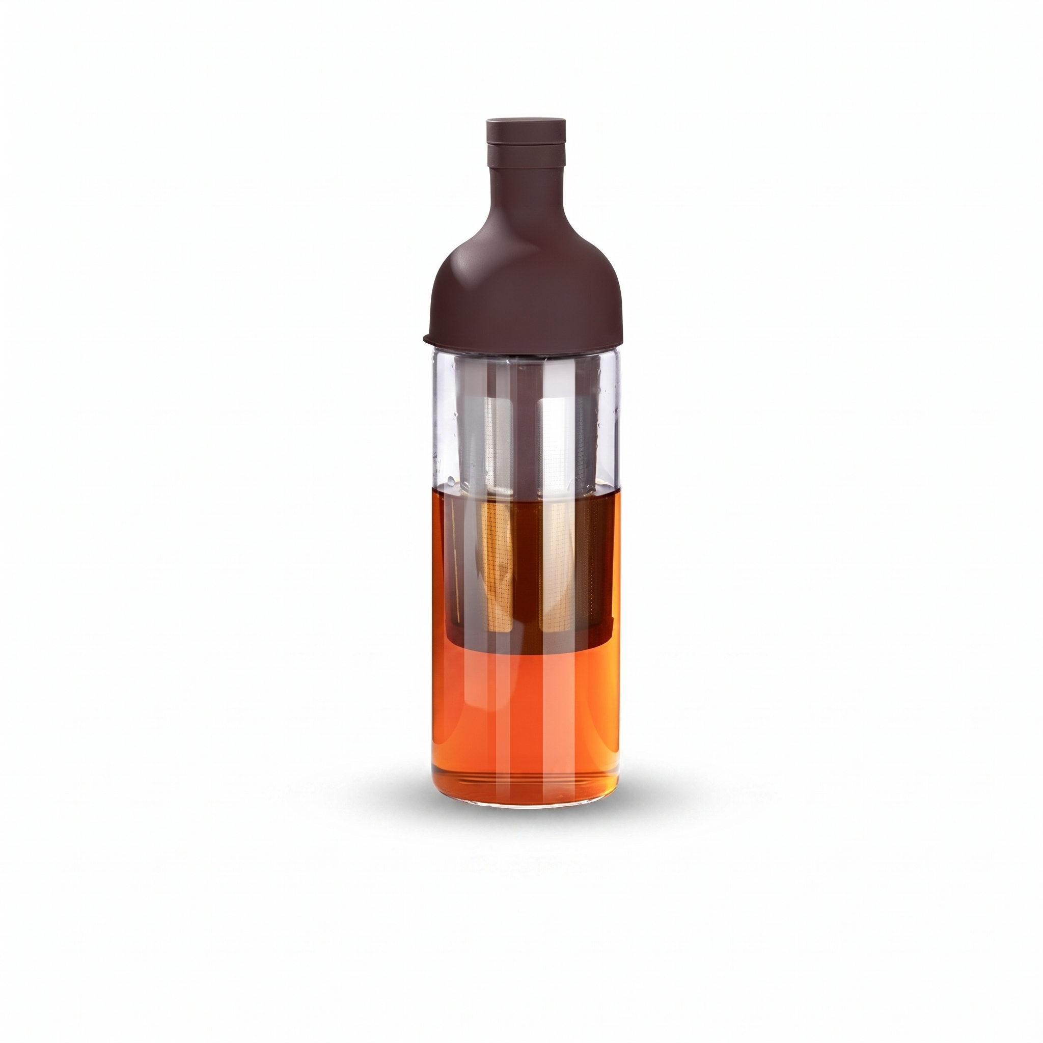 TrueShih Slow Steep Cold Brew Bottle — clear travel bottle with built-in filter and cold brew, on white