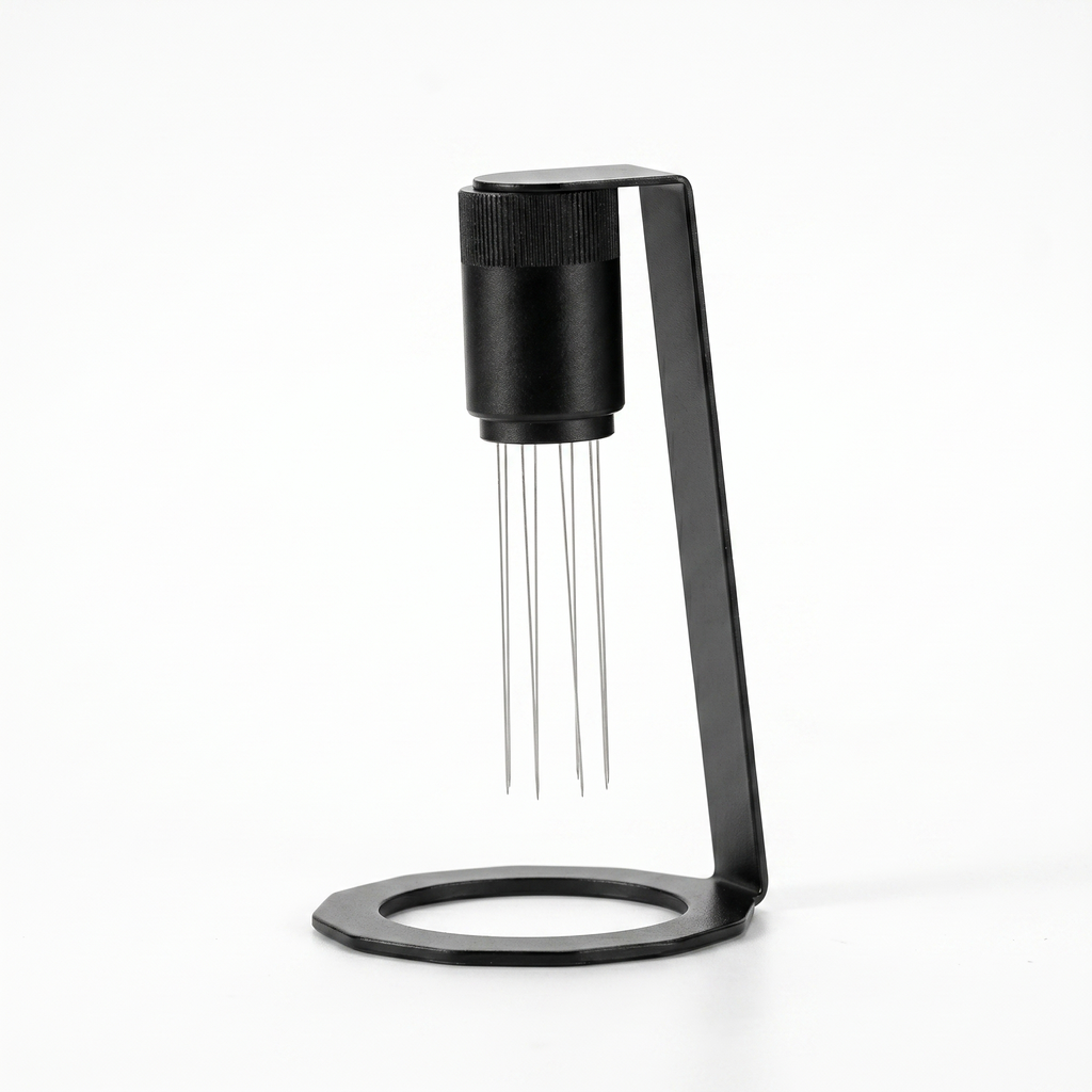 TrueShih Travel WDT Tool — magnetic espresso distribution tool with stand, on white