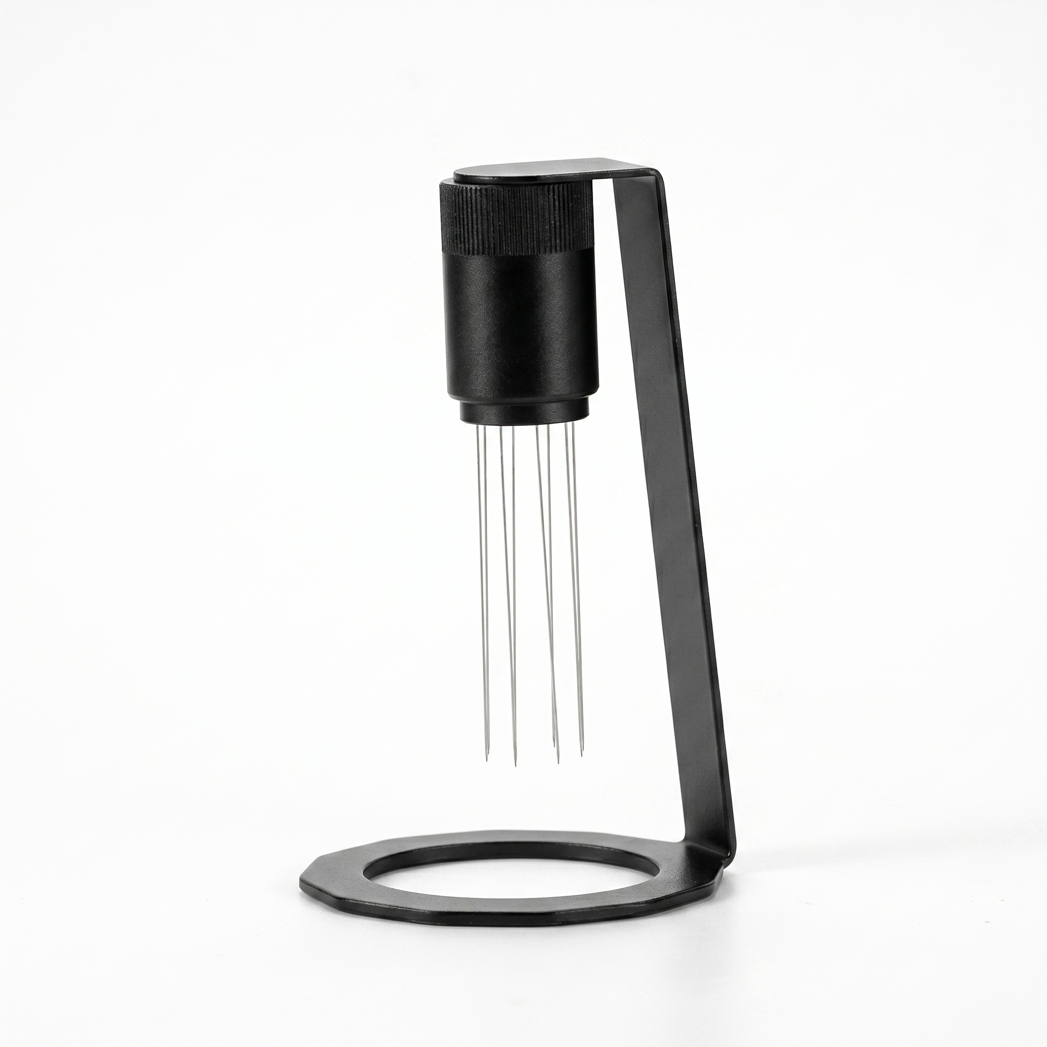 TrueShih Travel WDT Tool — magnetic espresso distribution tool with stand, on white