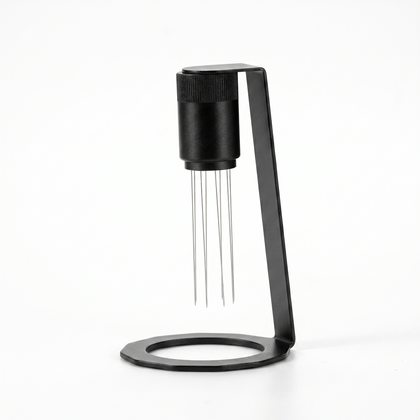TrueShih Travel WDT Tool — magnetic espresso distribution tool with stand, on white