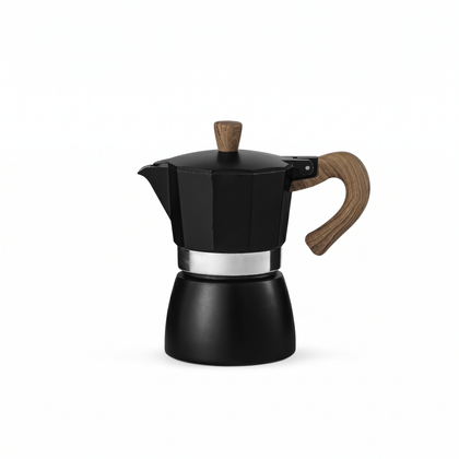 TrueShih Outdoor Manual Moka Pot — matte black stovetop espresso maker with wood handle, on white