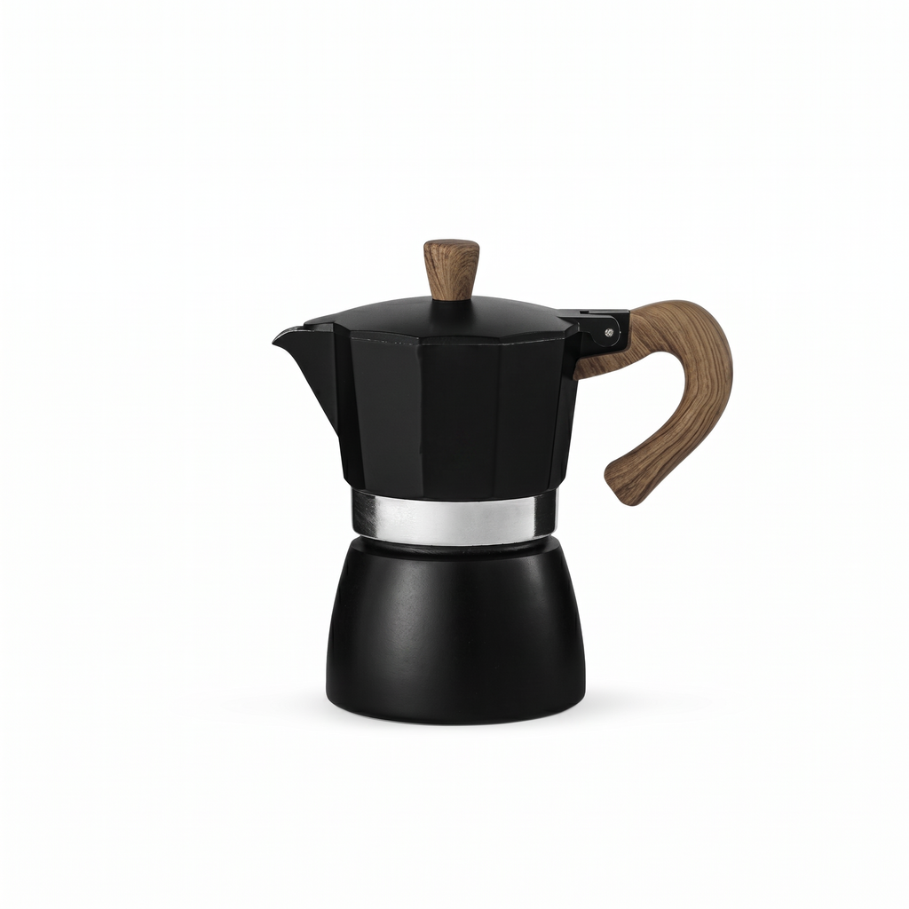 TrueShih Outdoor Manual Moka Pot — matte black stovetop espresso maker with wood handle, on white