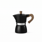 TrueShih Outdoor Manual Moka Pot — matte black stovetop espresso maker with wood handle, on white