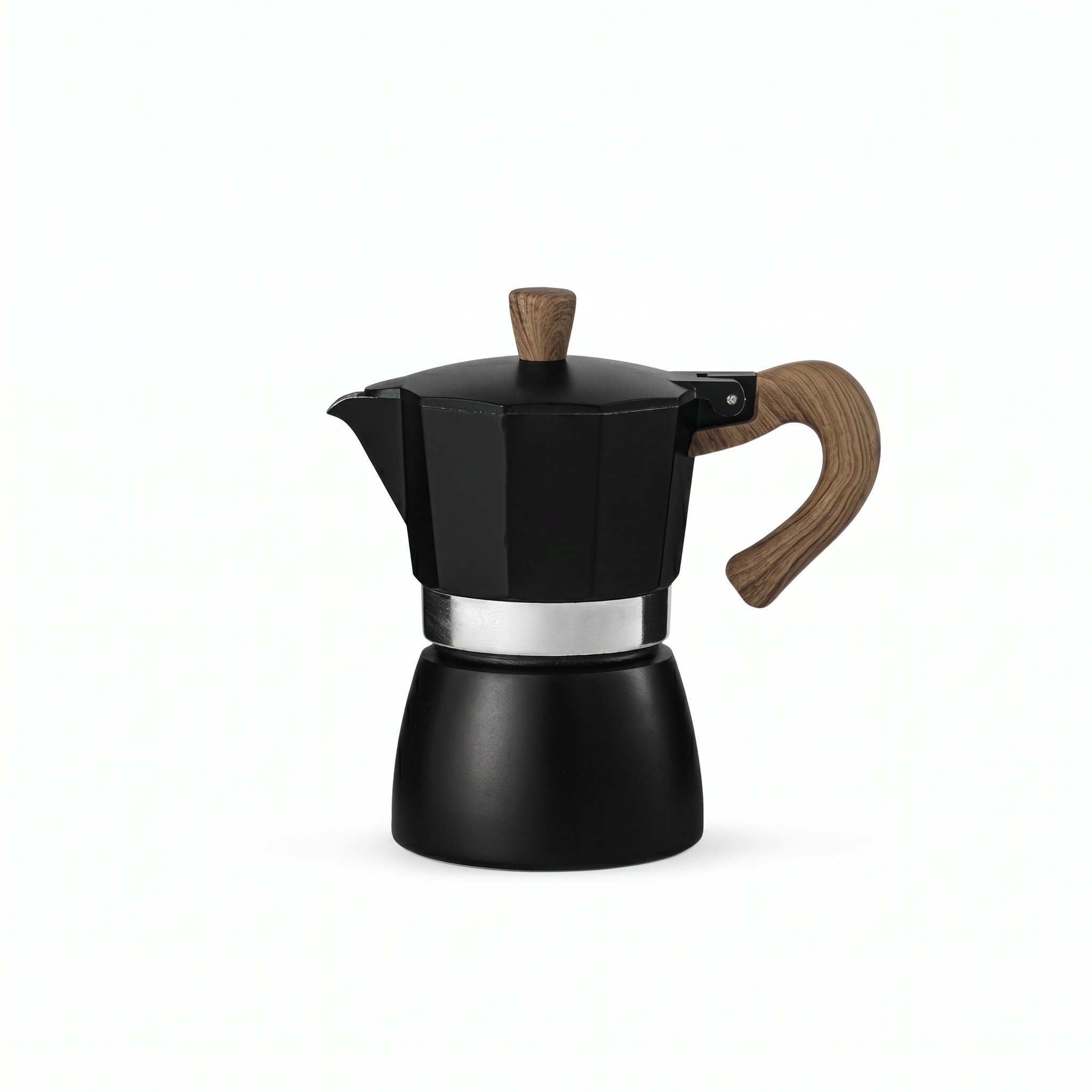 TrueShih Outdoor Manual Moka Pot — matte black stovetop espresso maker with wood handle, on white
