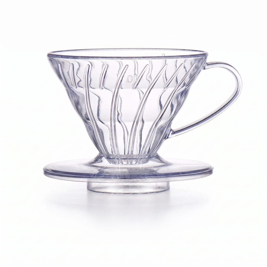 TrueShih Spiral Cone V60 Dripper — clear ribbed acrylic pour-over dripper, on white