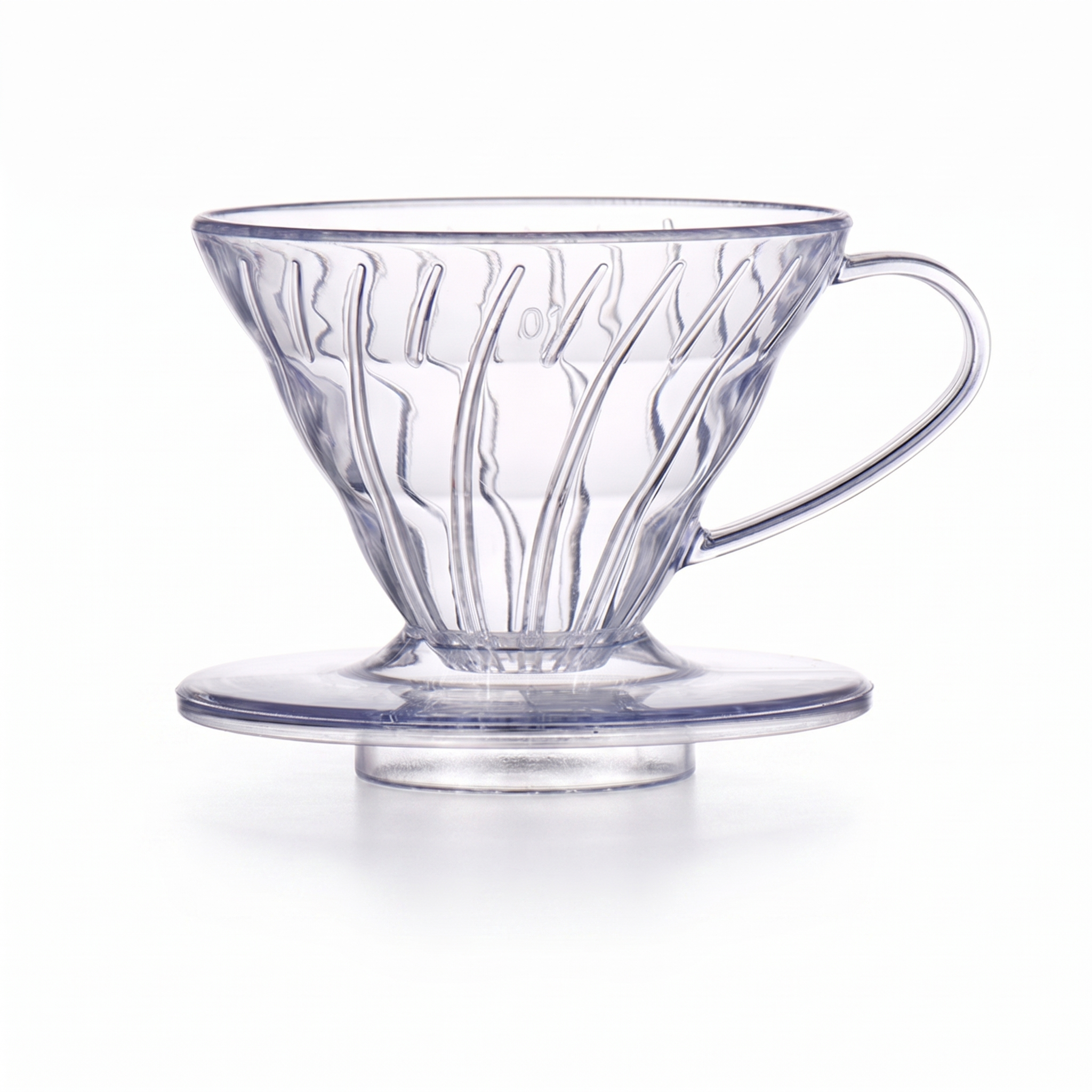 TrueShih Spiral Cone V60 Dripper — clear ribbed acrylic pour-over dripper, on white