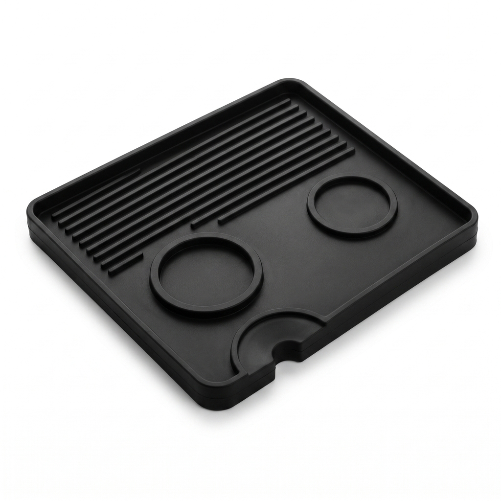 TrueShih Silicone Barista Mat — black food-grade mat with cup rings and tamping area, on white