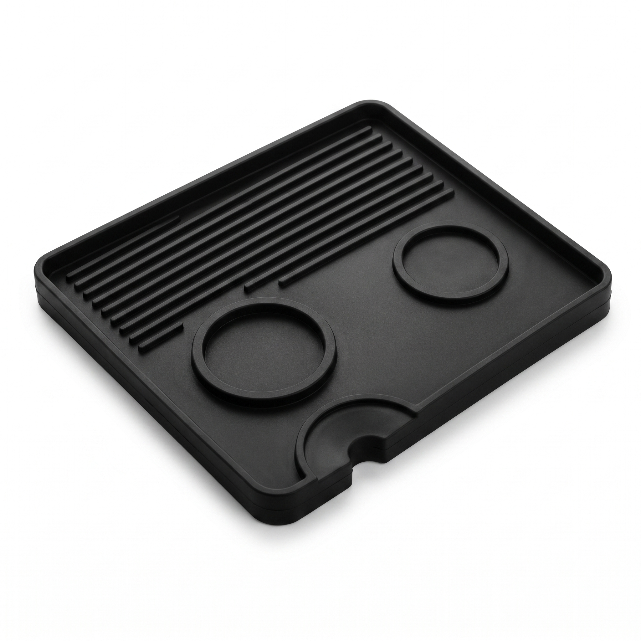 TrueShih Silicone Barista Mat — black food-grade mat with cup rings and tamping area, on white