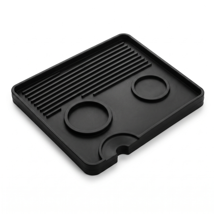 TrueShih Silicone Barista Mat — black food-grade mat with cup rings and tamping area, on white